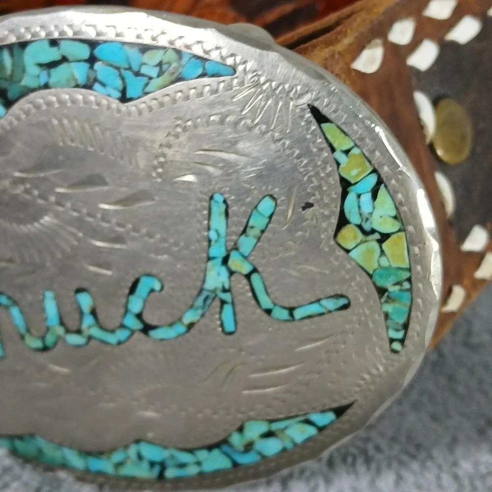 Vintage Dale Western Belt & Buckle Mens Floral Tooled Leather Inlay Chip 